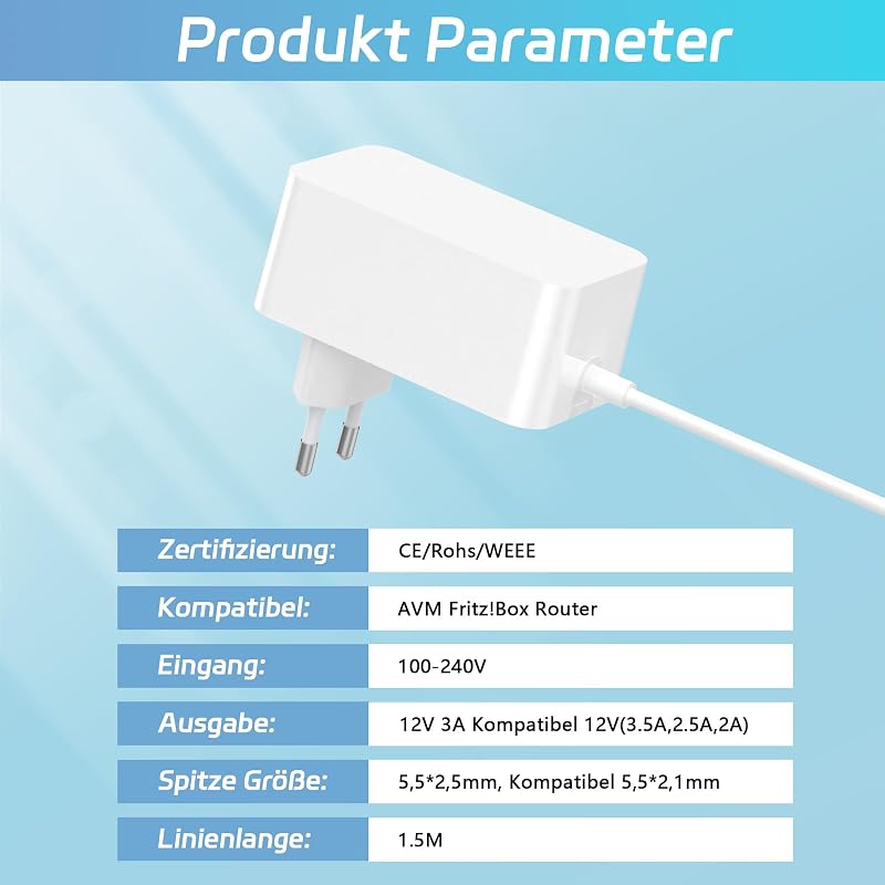 cshare 12V 3A Hálózati Adapter AVM Fritz!Box 7590, 7560, 7530, 7490 és Telekom Speedport Routerekhez - 5.5x2.5mm DC Csatlakozó, 1.5m Kábel,