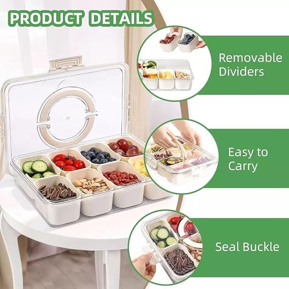 Divided Serving Tray with Lid, 8 Compartment Snack Box, Portable, Reusable, Clear Food Storage Container, Picnic Party