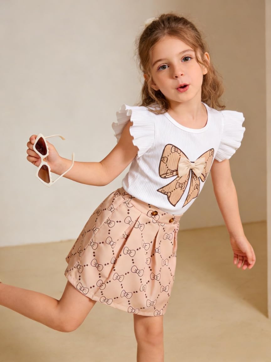 Toddler Girls Clothes Cap Sleeve T-Shirt + Bowknot Print 2pcs Summer Shorts Outfit Set For Girls, Size 4-8 Years - Image 3