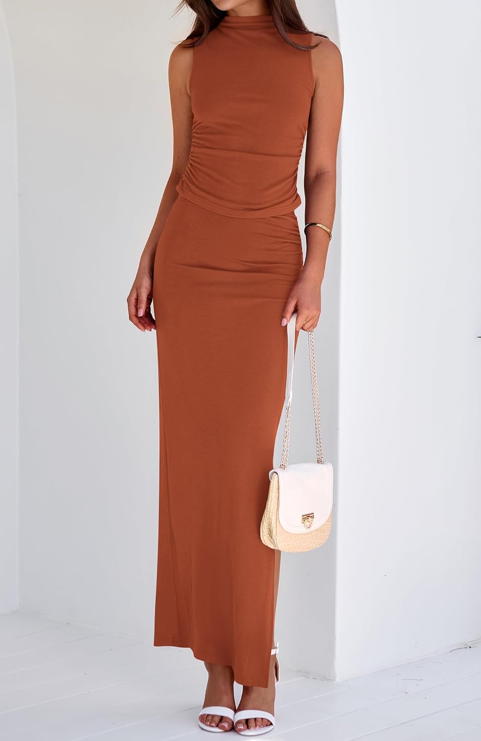 BTFBM Womens Two Piece Outfits Summer Lightweight 2026 Mock Neck Sleeveless Knit Tops Maxi Skirt Set Going Out Dress - Image 7