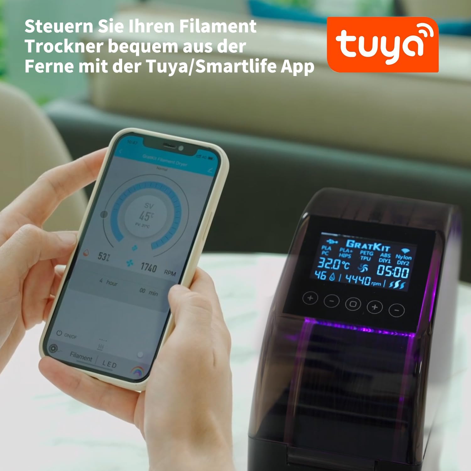 GratKit Filament Trockner Firefly V2.0, 3D Drucker Filament Dryer, Smartlife APP Gesteuerter, Lüfter für effektives Trocknen eingebaut, Trockenbox für PLA, PETG, ABS, Nylon, TPU, PC, Schwarz