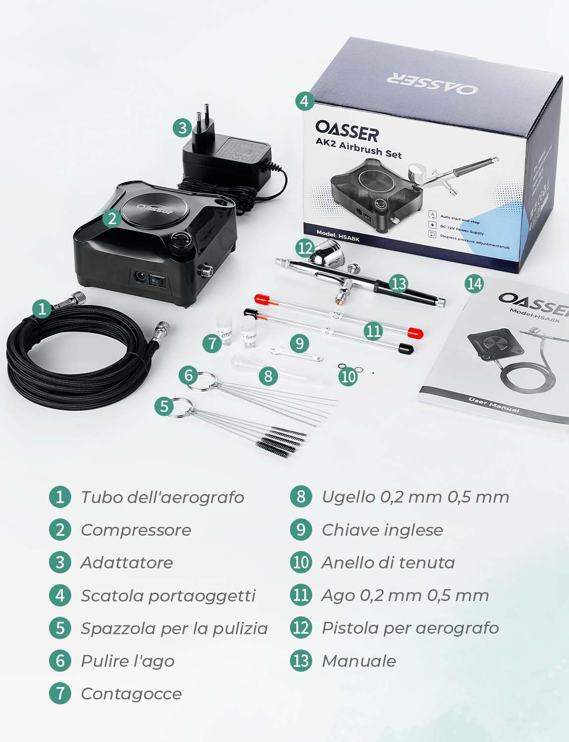 Oasser Mini Kit Aerografo,Airbrush con Compressore Aerografo Doppia Azione con 36PSI, Ugello 0,2 0,3 0,5 mm per Modellismo per Verniciare,Decorazione di Torte,Pittura Artistica Nero