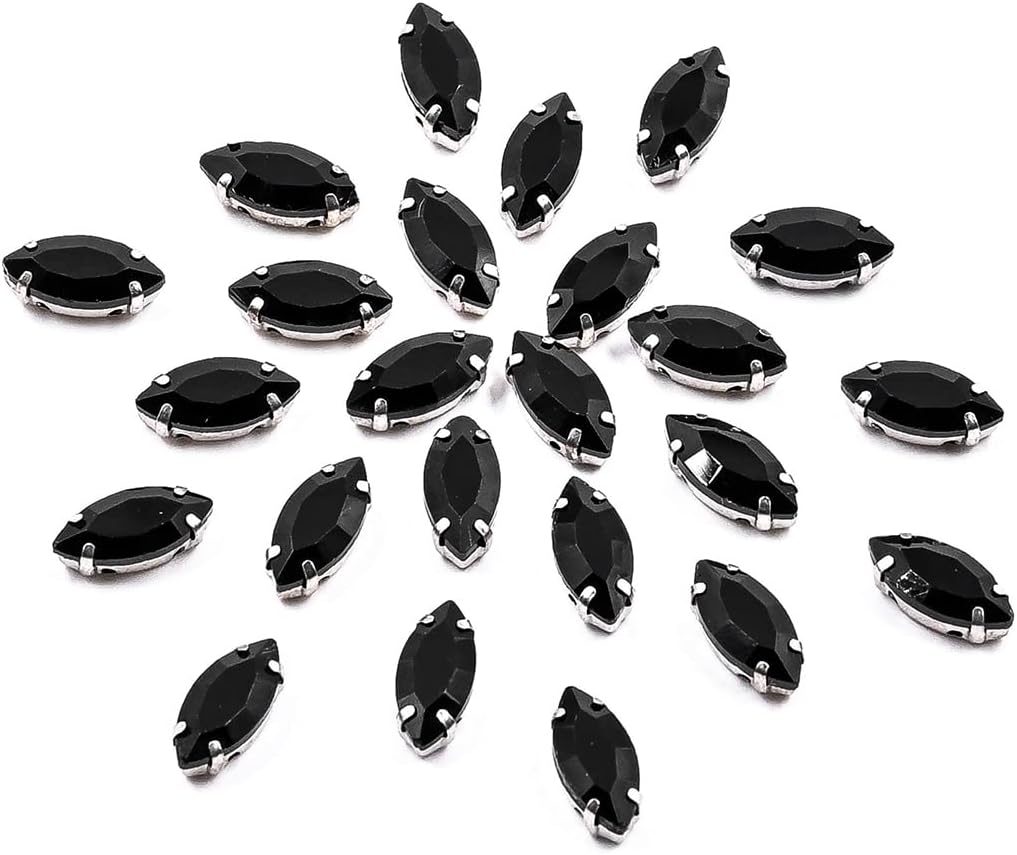 Embroiderymaterial Black Sew On Glass Rhinestones for Embroidery, Jewellery Making, Crafts, DIY in Metal Base Claw Setting (50 Pieces, 7X15MM, Eye Boat Marquise Shape)