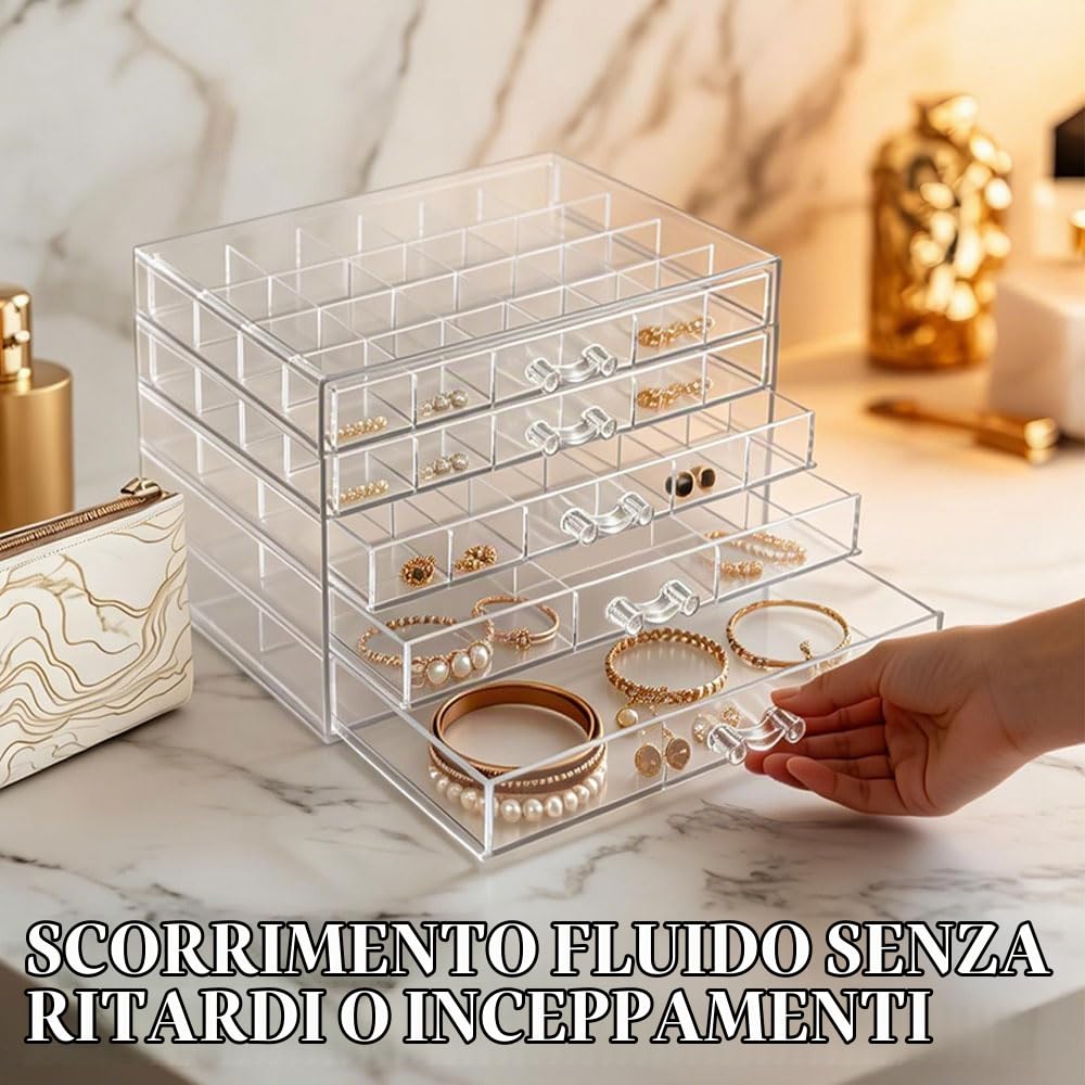 Scatola Organizzatrice per Gioielli in Acrilico con 5 Cassetti | per Orecchini Anelli Bracciali Collane,Scatola di Archiviazione per Gioielli in Acrilico,Organizer Gioielli Anelli Orecchini