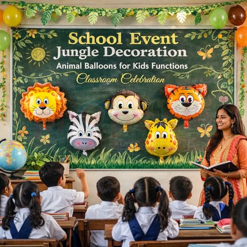 Image of Propsicle Jungle Safari Animal Foil Balloons Kids Birthday Decoration | Pack of 5 lion tiger zebra monkey giraffe 1st 2nd birthday boy girl annaprashan forest wild one cartoon animal photo backdrop