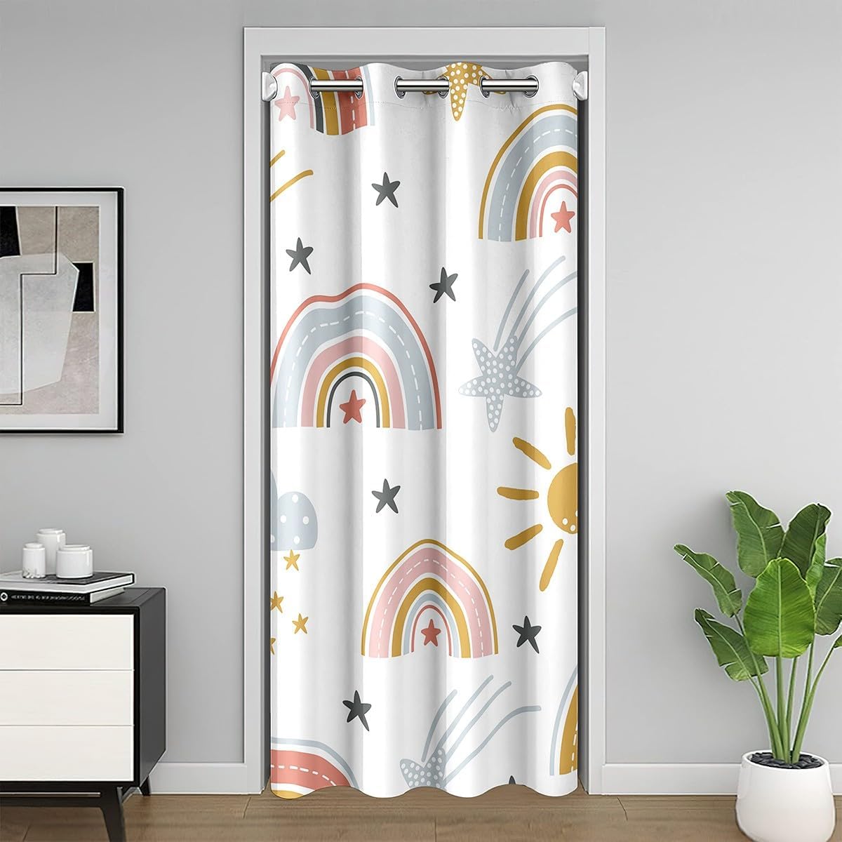 Erosebridal Girls Rainbow Throw Pillow Cover Sun and Stars Blackout Curtain for Kids Boys Children Cartoon Cloud Doorway Curtain Girly Living Room Door Drape, Yellow Pink, 1 Panel, 34" W X 80" L