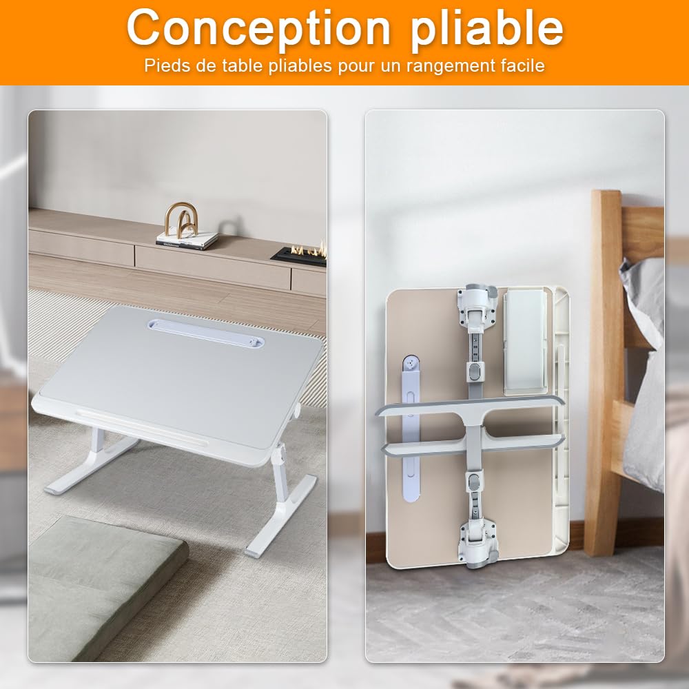 Regulowany stolik do łóżka, 26–39 cm, składany, na sofę, do nauki, czytania i pisania, stojak na laptopa, kanapę, taca na łóżko, 60 x 40 x 27 – 40 cm, szary