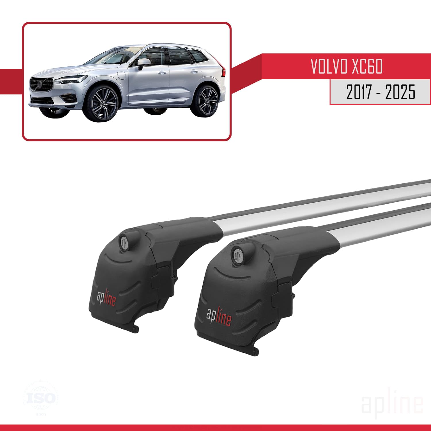 Compatible con Volvo XC60 II 2017-2026 Modelo Ace-2 Barra de Techo Auto Portaequipajes Barras Transversales Gris Aluminio 2 Barras