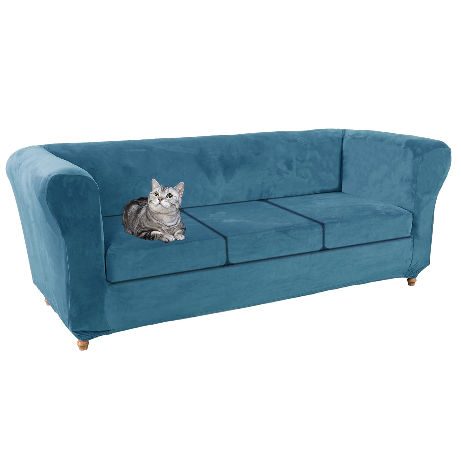 ZYBSLCSY Chesterfield Sofa Cover 1 2 3 Piece, Stretch Sofa Slipcovers Washable Velvet Couch Cover Cushion Furniture Protector for Curved Settee Fitted (Blue,Sofa+3 Large Seats)