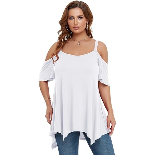 LARACE Cold Shoulder Tops for Womens Summer Clothes Spaghetti Strape Tunic Oversized Shirts Asymmetrical Plus Size Blouse