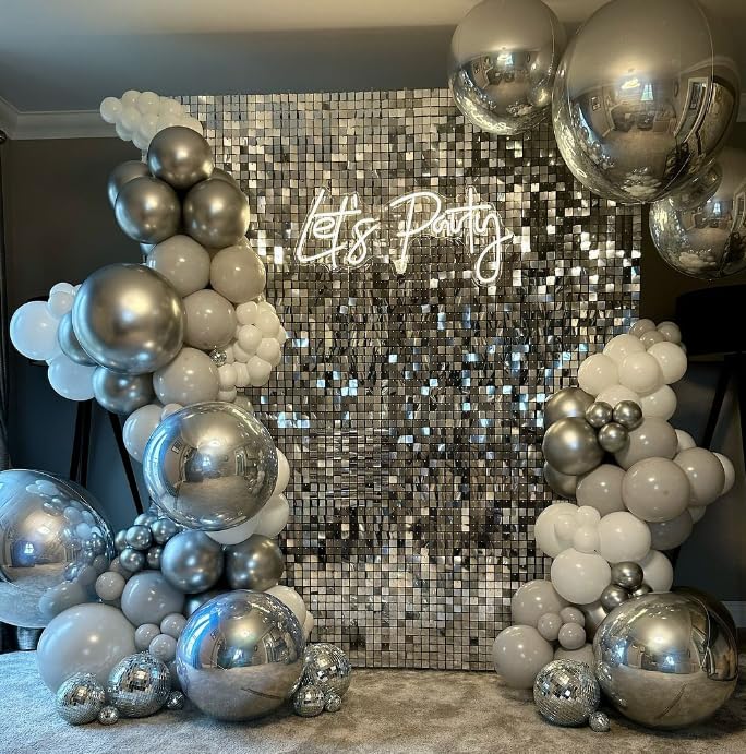 Silver Shimmer Wall Backdrop Panels - 18 Pcs Square Sequin Wall Panels Shimmer Backdrop, Wall Decor for Birthday, Anniversary Wedding Engagement Decoration (Silver)