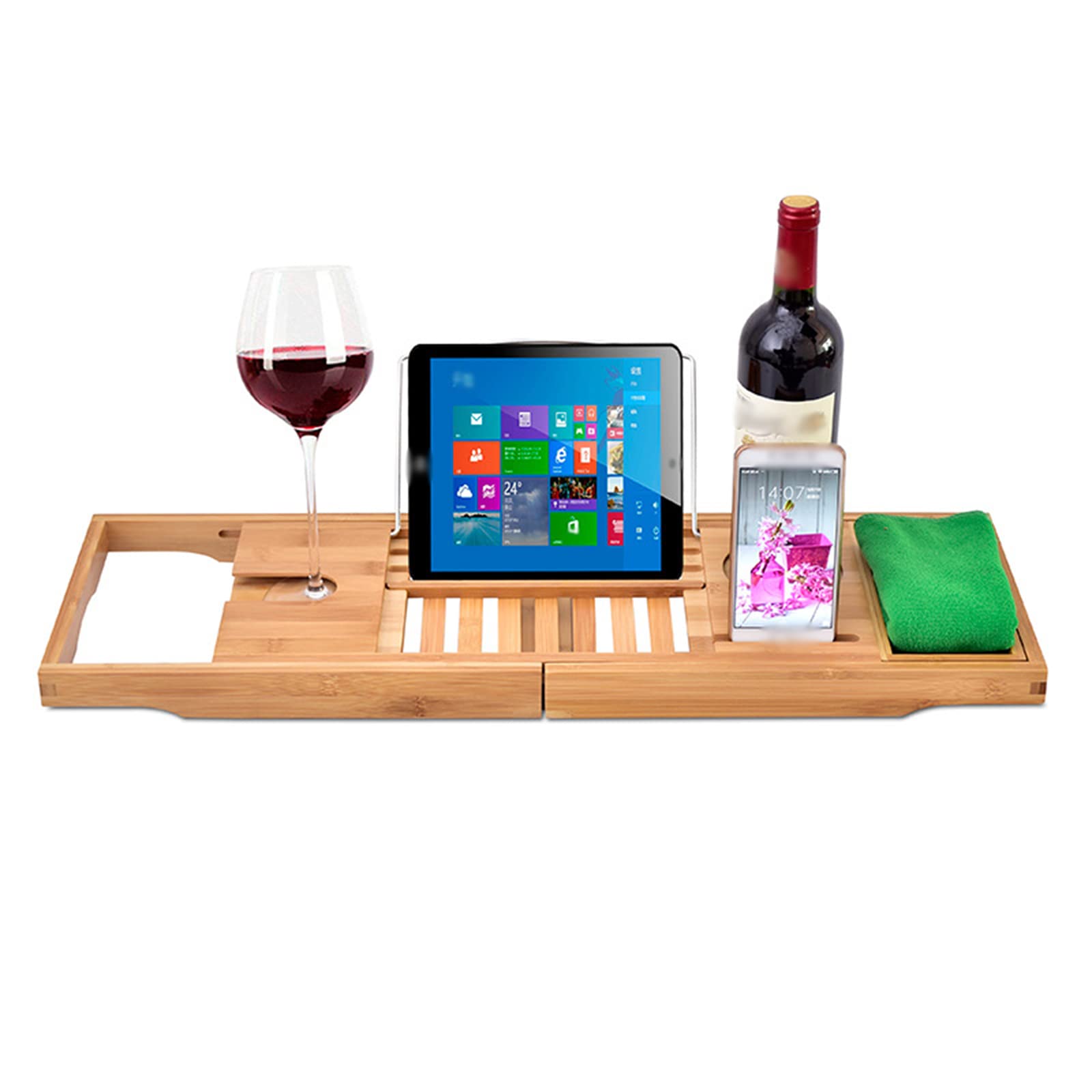 Bandeja Caddy para bañera de bambú de Primera Calidad, Bandeja de Madera Extensible con Soporte para Copas de Vino, Soporte para Lectura y Ranura para teléfono para bañeras, Caja Individual