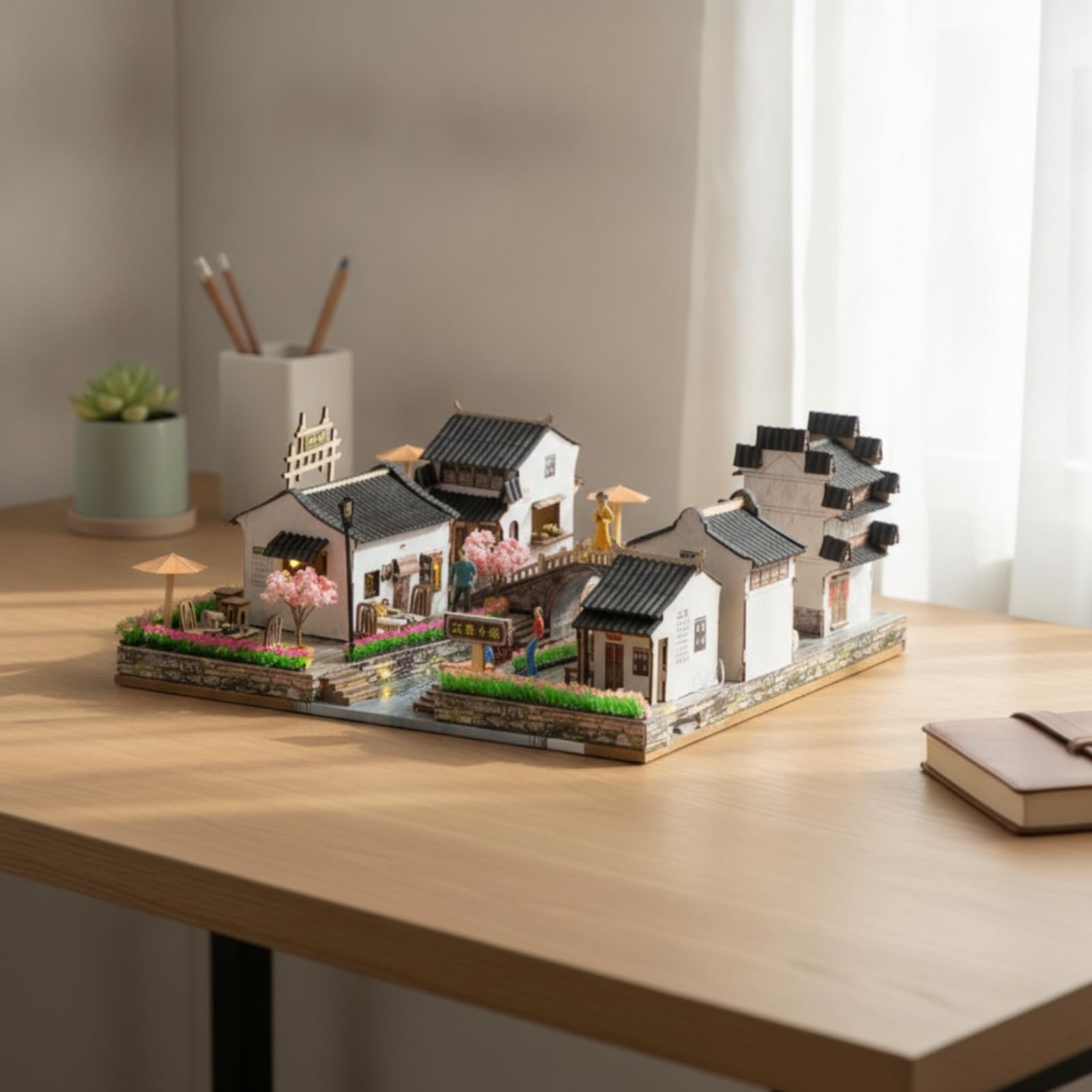 Architecture Assembly PRO Modello in in Miniatura Diorama Tradizionale con Ponte Ad Arco E Figura Decorativa Adatto per Collezione Decorazione Studio, 江南小镇2号BM382