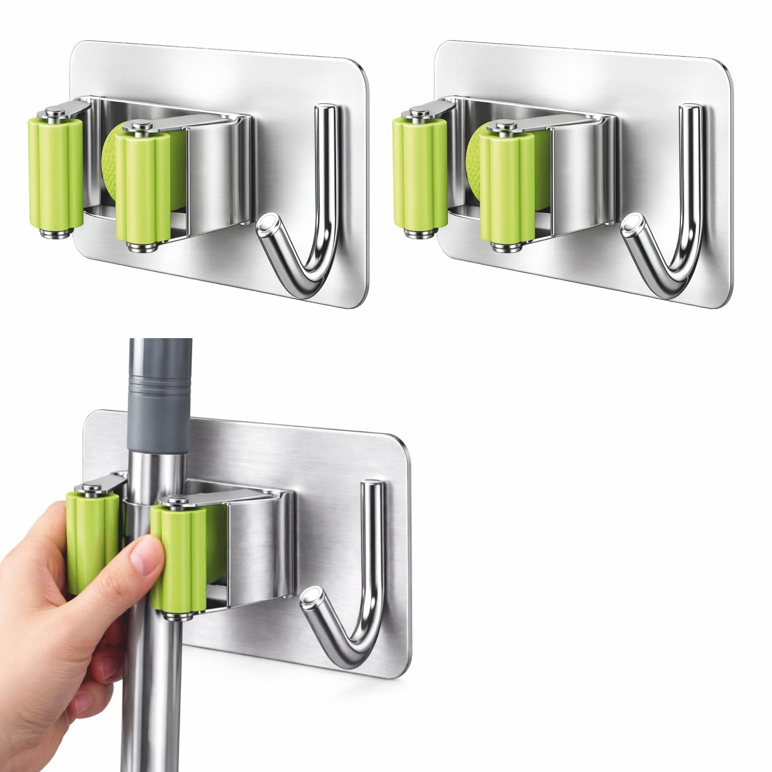 JIALTO 2 Pcs Adhesive Mop Holder and Broom Holder Wall Mounted Stainless Steel | Heavy Duty Mop & Broom Organizer with Hooks | Adhesive Storage Rack for Kitchen & Bathroom - Green