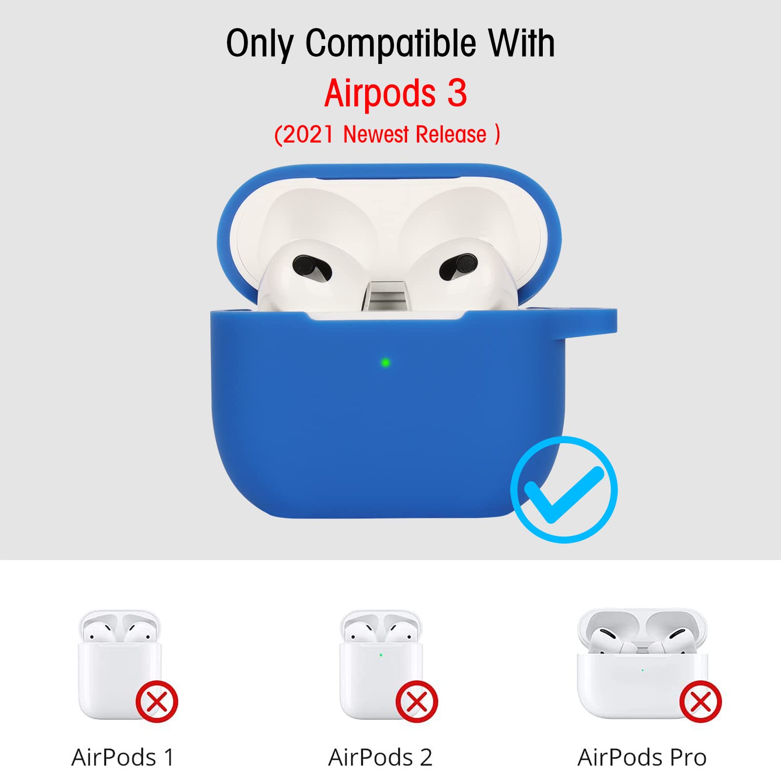 Funda de Silicona Compatible con AirPods 3, Anti-rasguños, Anti-Polvo, LED Frontal Visible, Funda Premium Silicona para AirPods 3.ª Generación (2021) con Mosquetón, Azul - 3