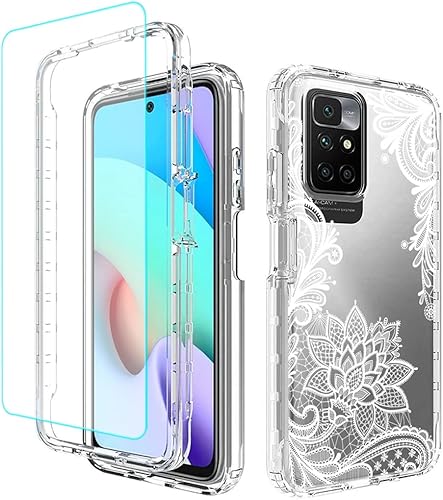 Funda de teléfono para Redmi 10Redmi 10 Prime 21121119SG con protector de pantalla de vidrio templado, bonito patrón floral transparente de cuerpo