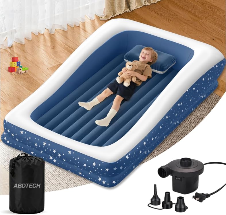 Image of Inflatable Toddler Bed for Travel Safety Guard Rails 300lb Capacity Blue | 360 Safety Rails prevent rolling. 20s fast inflation. Puncture-resistant PVC. Skin-friendly flocking. Ideal for travel