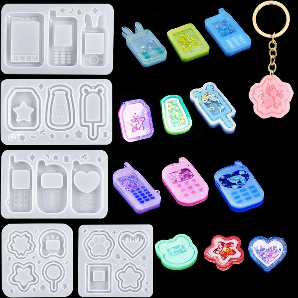 FineInno 5 PCS Shaker Resin Mould Rabbit Phones Star Heart Pendant Epoxy Silicone Moulds Quicksand Casting Mould for DIY Jewelry Necklace Charms Making