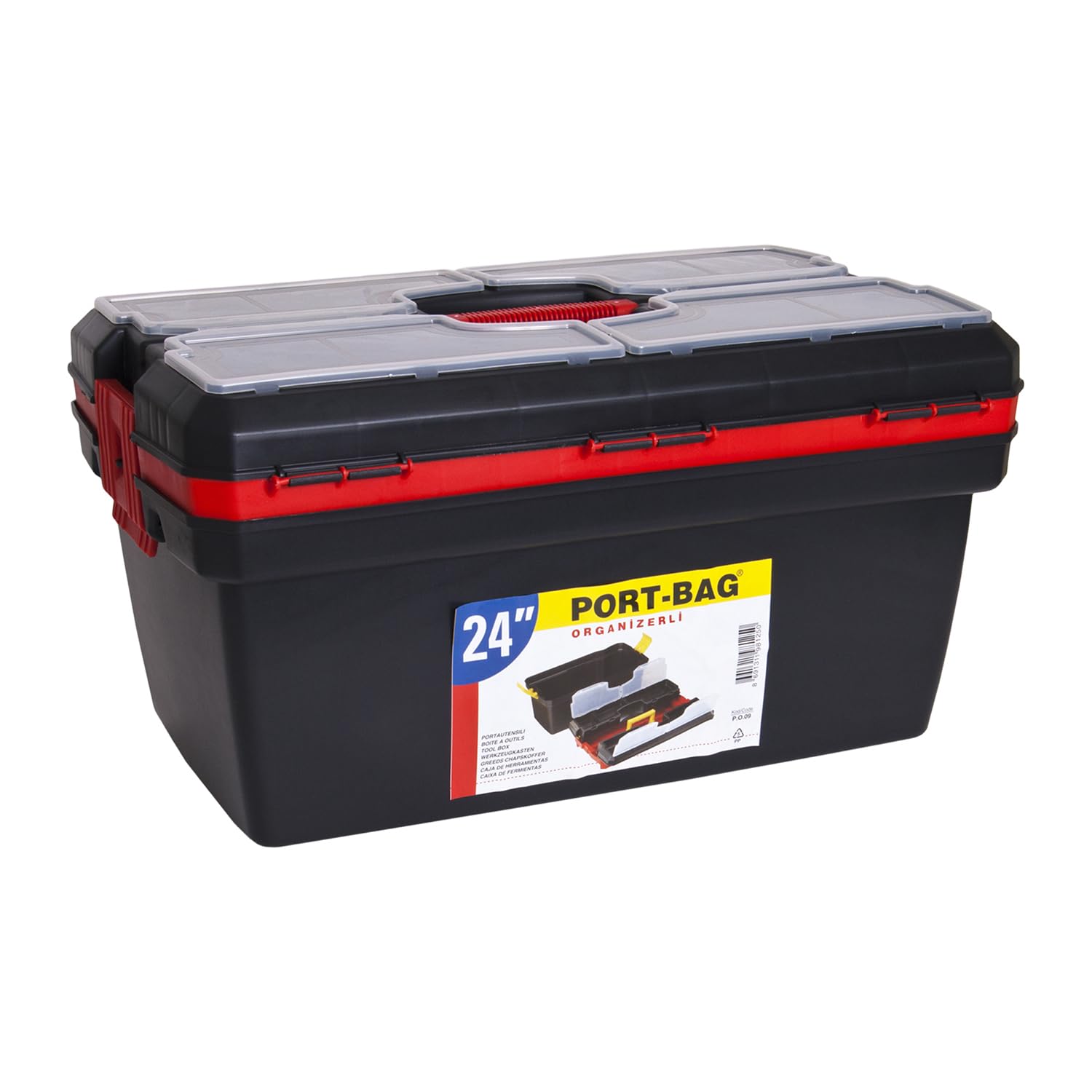Caja de herramientas grande 60 cm 24" plástico con tapa extraíble bandeja y 8 compartimentos organizadores