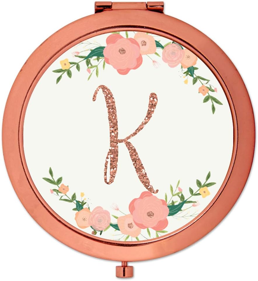 Andaz Press Personalized Rose Gold Compact Mirror Bridesmaid's Wedding Gift, Peach Pink Florals with Faux Rose Gold Glitter, Custom Name, 1-Pack, Bespoke Bachelorette Bridal Shower Wedding Party Gifts