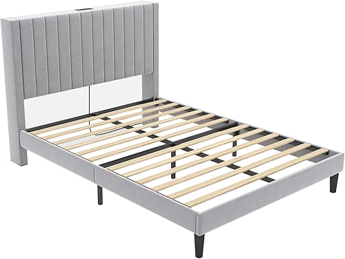 Miniatura 32 de VanAcc Base de cama tamaño Queen, plataforma tapizada de terciopelo con cabecera capitoné de canal, base de colchón con listones de madera, no