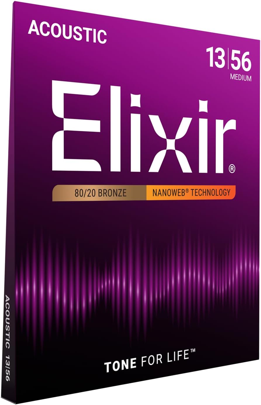 Elixir Strings 80/20 Bronze Acoustic Guitar Strings w NANOWEB Coating, Medium (.013-.056)