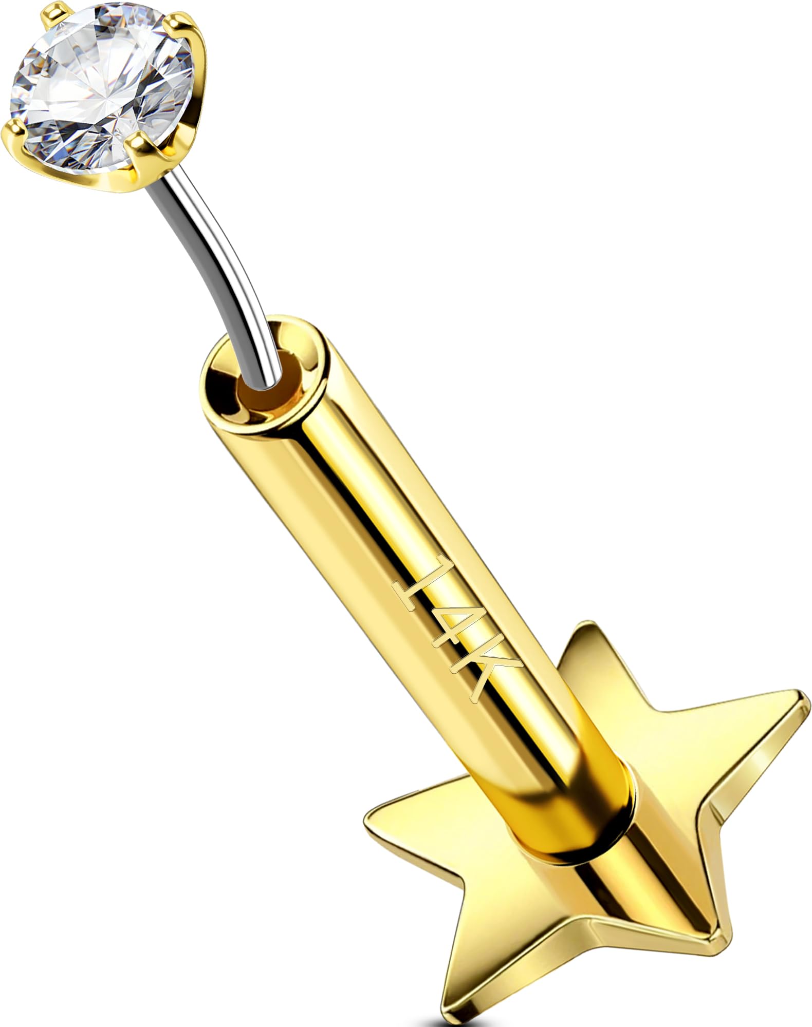OUFER Body Piercing Tragus Piercing Jewellery 14K Gold Helix Earrings 16G Push In Labret Earring Stud Bar Clear CZ Theadless Conch Lobe Cartilage Earring Piercing Jewellery