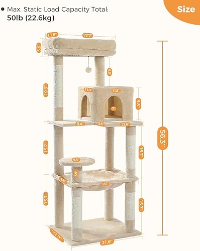 Miniatura 7 de Árbol para gatos grandes para adultos con hamaca grande de felpa de metal, torre para gatos de 56.3 pulgadas con casa de condominio de 2 puertas,