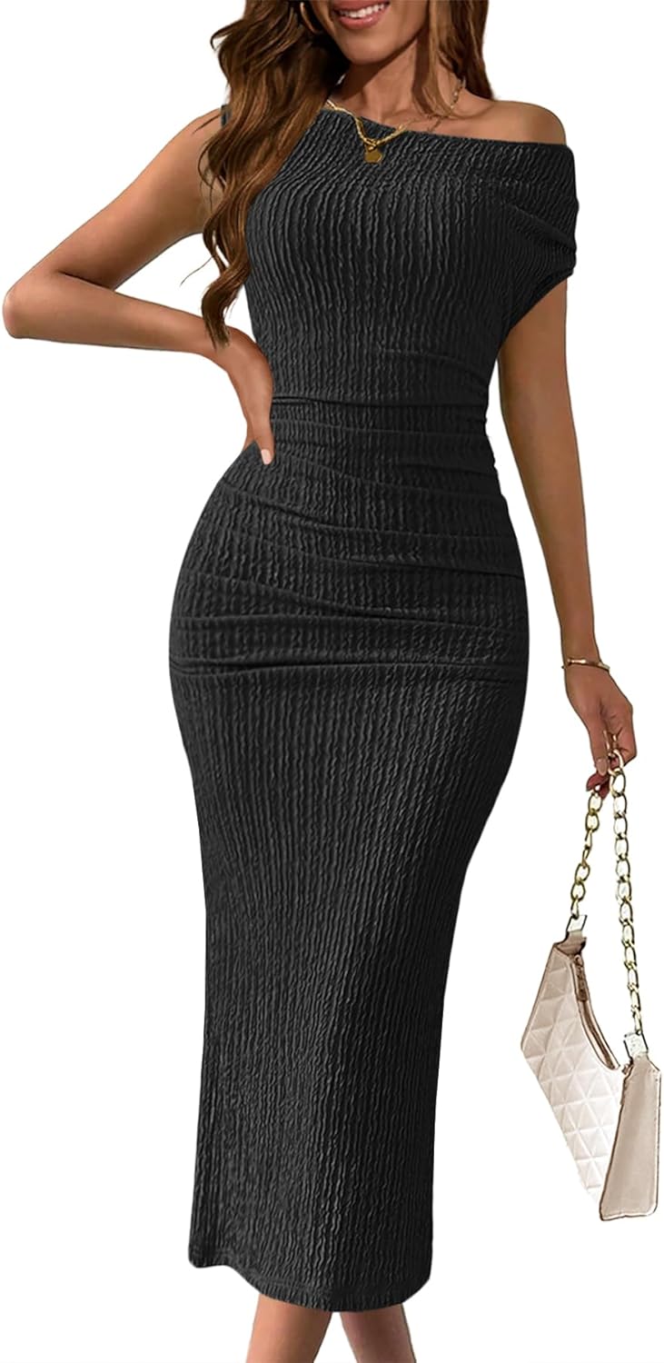 MITILLY Women's 2025 Summer Formal Midi Dress Elegant One Shoulder Bodycon Ruched Wedding Guest Cocktail Dress
