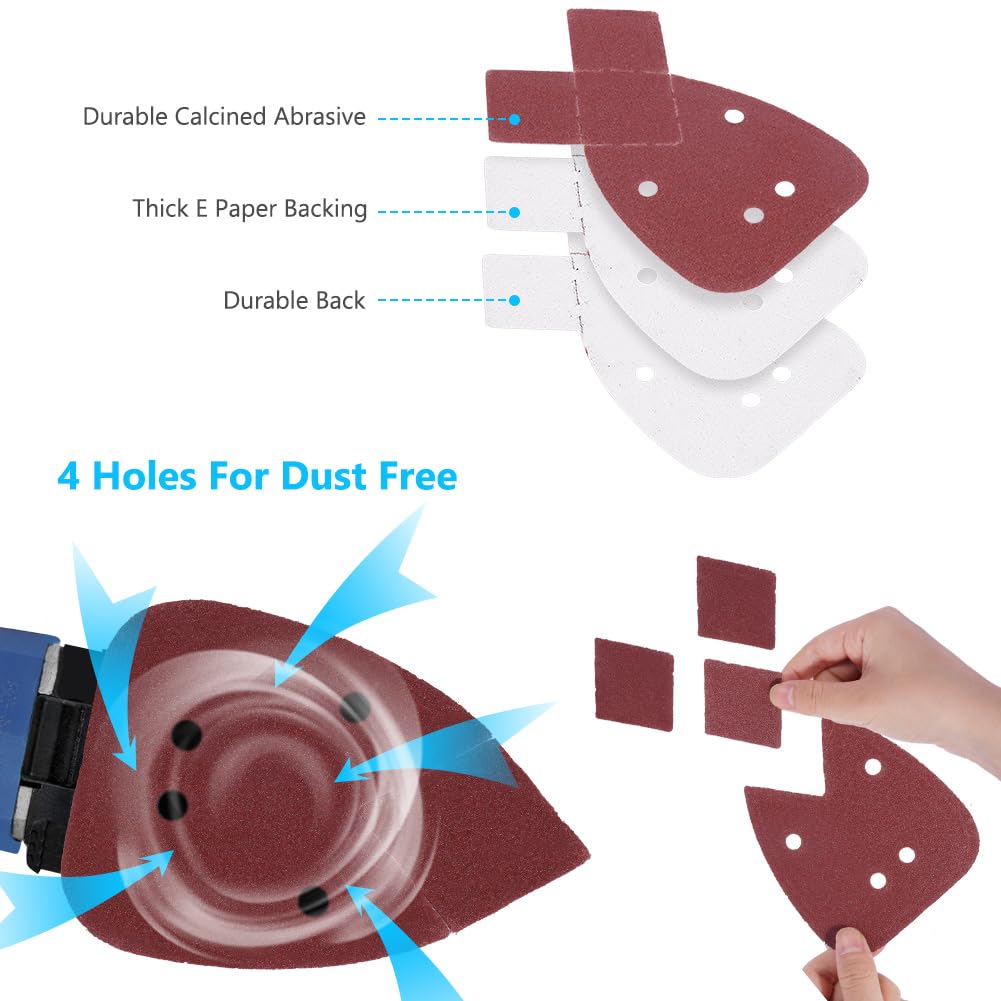 URAQT 50 Pezzi Mouse Fogli Abrasivi, Carta Vetrata per Levigatrice con 2 Testine di Ricambio, Triangoli Abrasivi Grana 40/60/80/120/240, per Levigatrici Manuali Black e Decker Detail