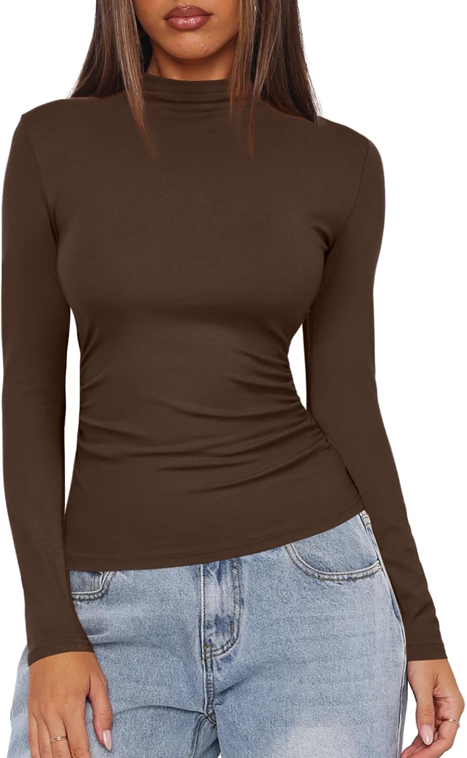 Darong Women Mock Turtle Neck Long Sleeve T Shirt Casual Slim Fitted Ruched Going Out Top - Image 4