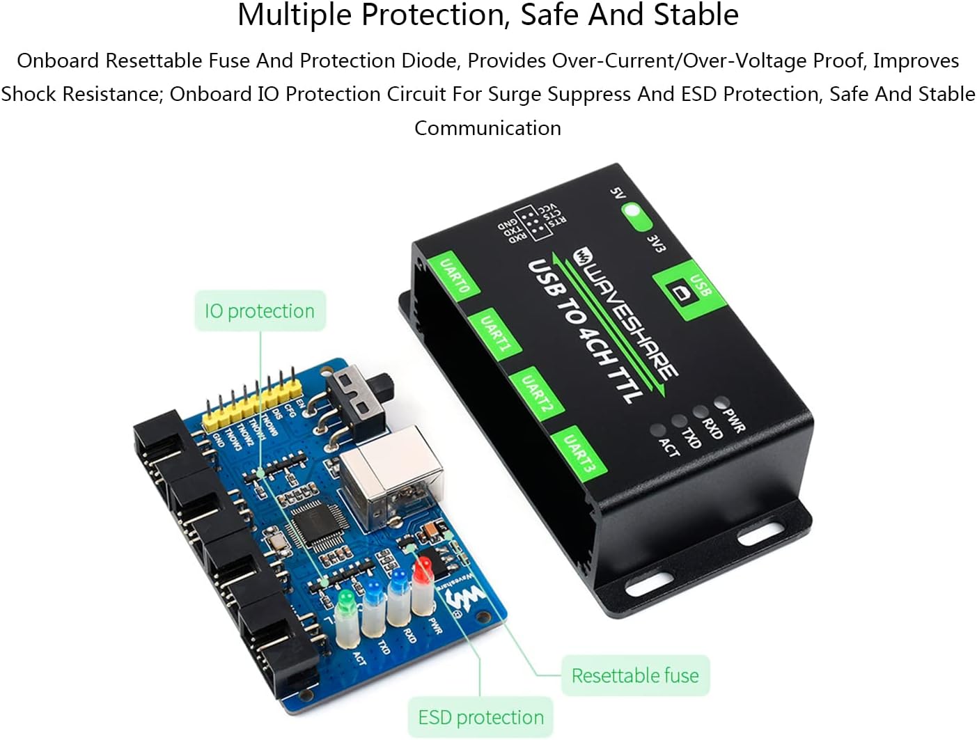 waveshare Industrial USB to 4-CH TTL Converter Adapter USB to UART Support Multi Protection/Systems /Win7/8/8.1/10/11, Linux, etc