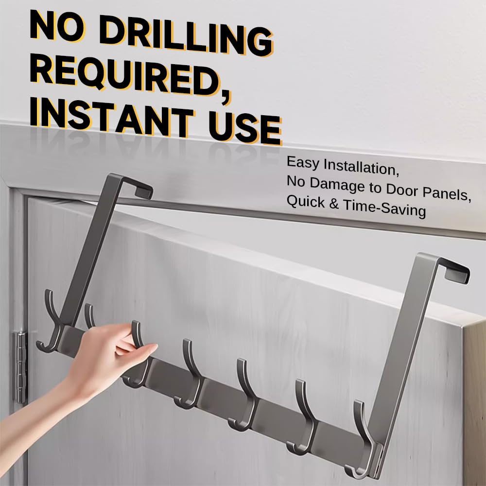 BORDSTRACT Ganchos para puerta, 8 ganchos con brazos 15.75in/40cm aluminio espacial perchero para batas y ropa para baño guirnalda soporte para tabla de planchar diseño delgado elegante y resistente