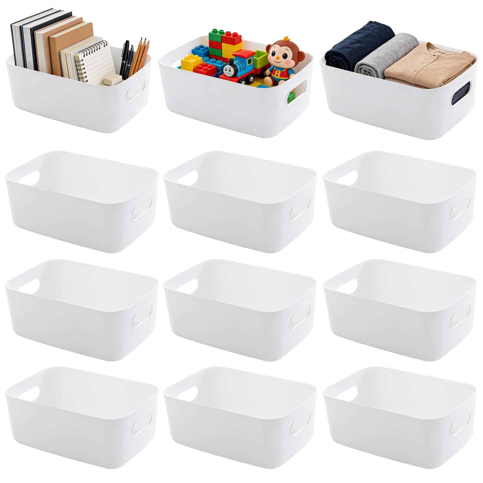 12 Pezzi Cestini Portaoggetti in Plastica Bianco Scatole Portaoggetti con Manici Contenitore Plastica Rettangolari Scatole Organizer Impilabile per Bagno Cosmetici Armadio Cucina Scaffale