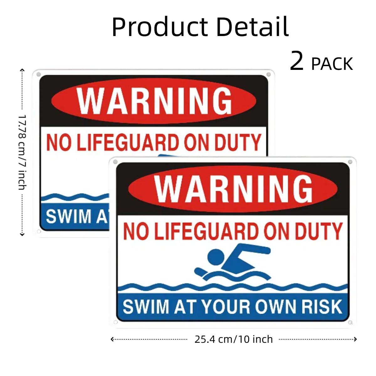 Panneau « No Lifeguard On Duty », 2 panneaux de piscine imprimés UV avec 8 attaches zippées, règle de piscine « Swim At Your Own Risk », aluminium durable, facile à installer