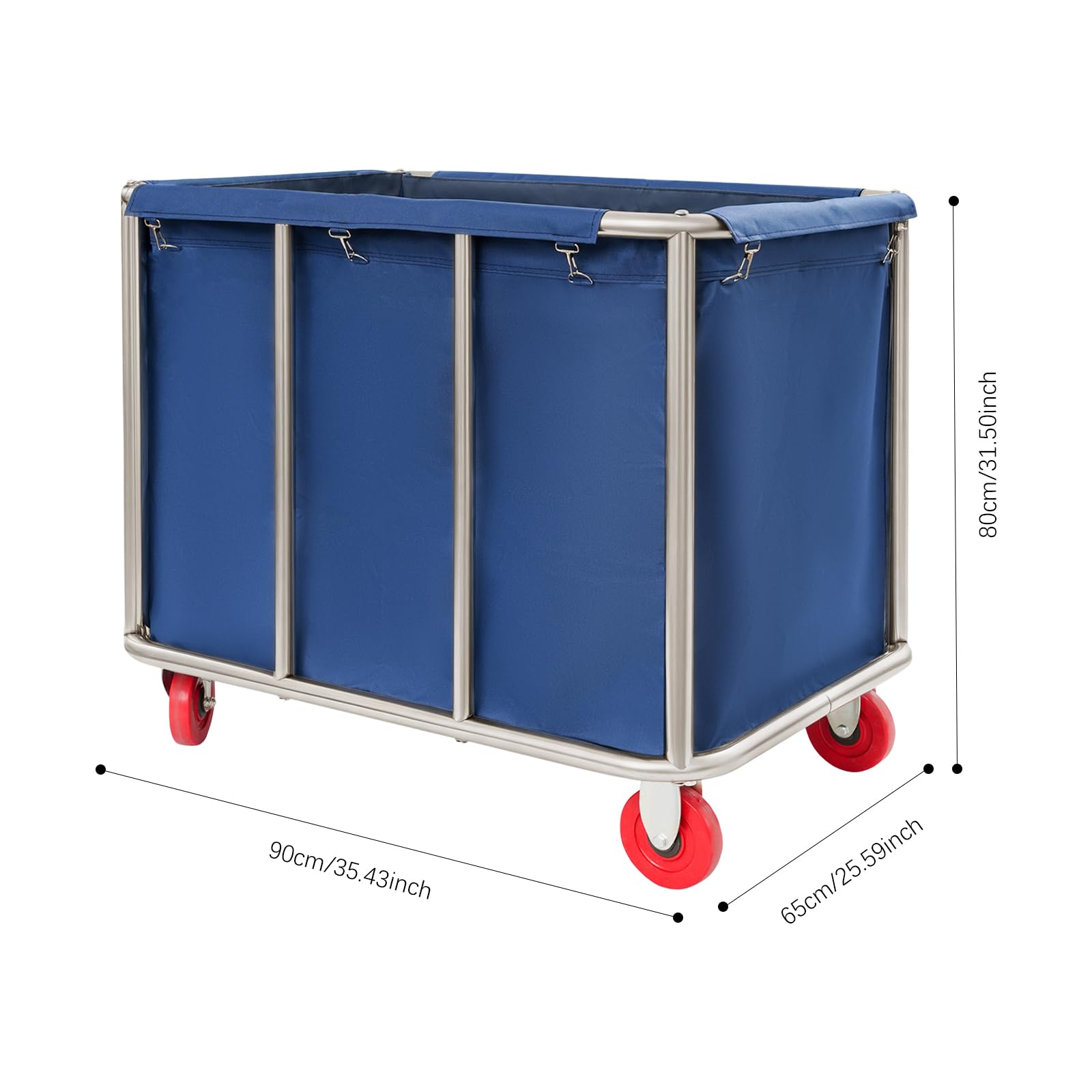 Carrito de lavandería con ruedas de acero inoxidable, 90 x 65 x 80 cm, con tela Oxford, capacidad de carga de 260 libras, carrito de lavandería comercial, para hotel, lavandería, cesta para la colada