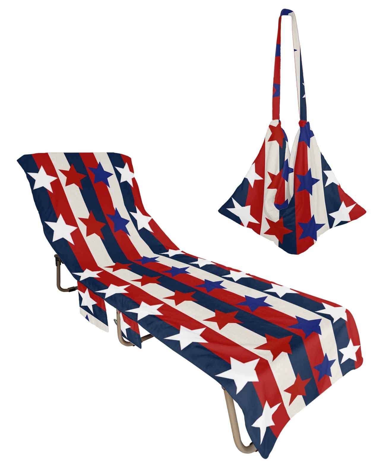 Red Blue White Beach Chair Cover with Side Pockets, Microfiber & Quick Dry Pool Chaise Lounge Chair Towels Covers for Sun Sunbathing Patio Garden Hotel, Independence Day Patriotic Stars