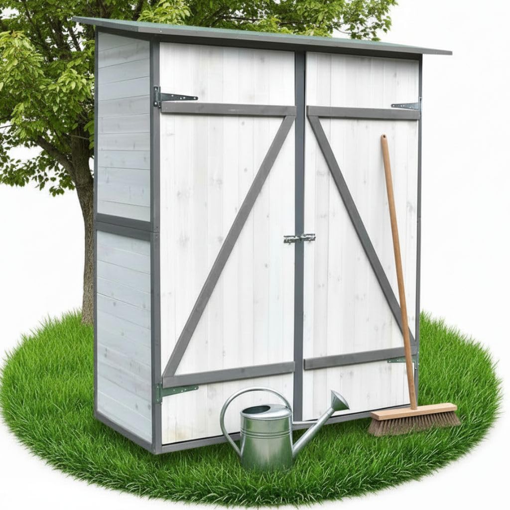 Melko Gartenschrank Gerätehaus Holz mit Pultdach 162x140x75 cm inkl. Regal | Zweiflügeltür mit Schiebeverriegelung, vorbehandeltes Fichtenholz, Weiß-Grau, Platz für Rasenmäher und Gartengeräte