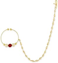 ACCESSHER Gold Plated Traditional and Ethnic Ruby Kundan Embellished Delicate Clip On/Non-Piercing Nose Ring/Nathani with Pearl Chain for Women Pack of 1