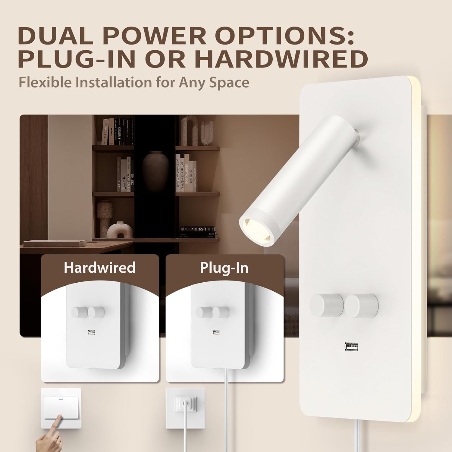 M04 Dimmable Wall Mounted Sconces Reading Light Bedside Lamp with USB Port Headboard Plug in Hardwire Wall Lamps Sconces Adjustable Headboard 0.9-3.7 Spotlight + 1.2-6W Backlight