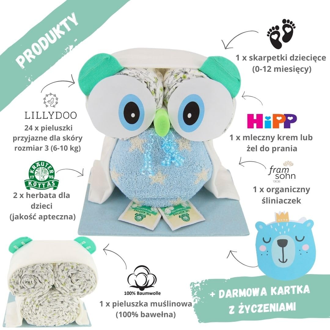 myBambini ® pieluszka tort sowa niebieska/chłopiec - prezent na baby shower dla noworodka - skarpetki niemowlęce pierwsze wyposażenie 0 miesięcy chusteczki nawilżane dla noworodków -...