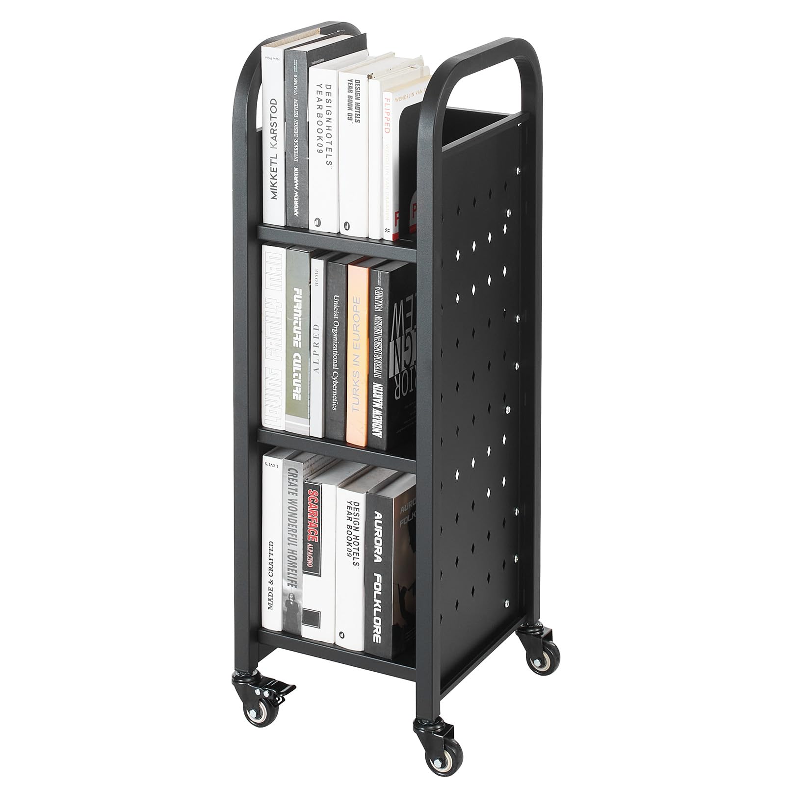 VEVOR Carrello Portalibri con Ruote 320 x 350 x 935 mm Carrello Rotante Porta Libri, Carico 100 kg Ripiani a L Monofacciali con Ruote Bloccabili 5 cm per Scaffali di Casa, Ufficio e Scuola, Nero