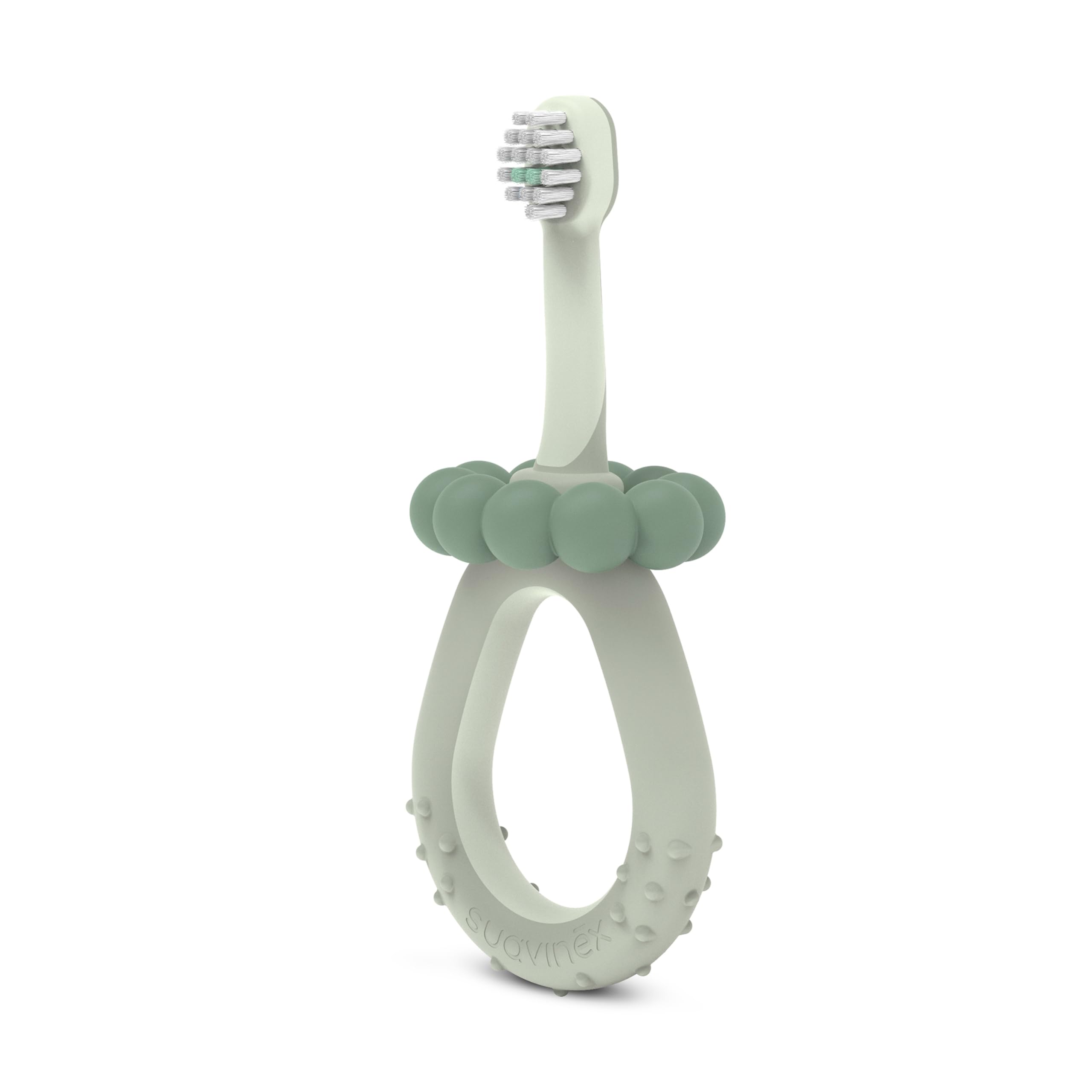 Suavinex, Toothbrush for 0-2 Years Old, Super Soft Bristles, Ideal for Sensitive Gums, Ergonomic Handle, Textured and Non-Slip Handle, Safety Cap, Tongue Cleaner, Green