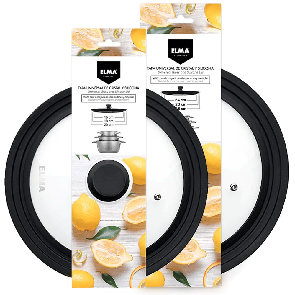 ELMA Set of 2 Universal Frying Pan Lids for Pots, Frying Pans and Casseroles | Tempered Glass with Heat Resistant Silicone Rim, Multi Size (Ø16-18-20 and Ø24-26-28 cm)