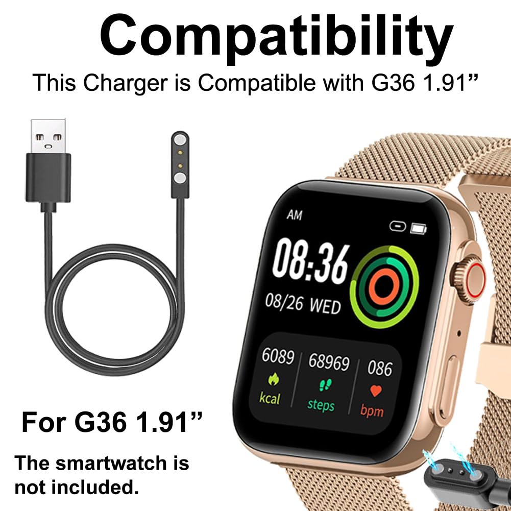 smaate Smart Watch Cables Compatible with Banlvs G36 1.91” and AKUMAKA G39 1.85” Smartwatch, 2-Pack