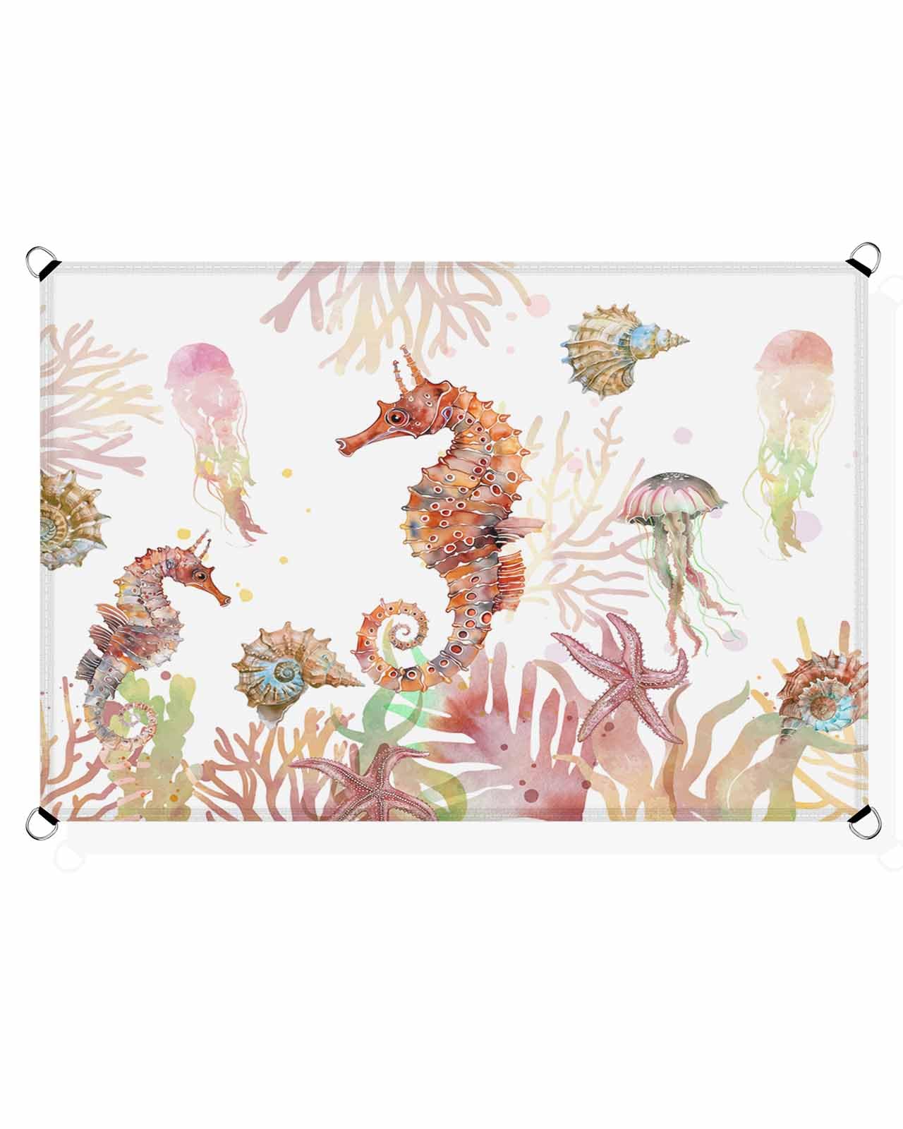 Orange Sea Horse Sun Sail Shades Rectangle Canopy,Sunlight Block Heavy Duty Curved Backyard Shade Cover,Waterproof Sun Shades for Patios Garden Outdoor,6.5'x10' Coastal Nautical Starfish Coral Conch