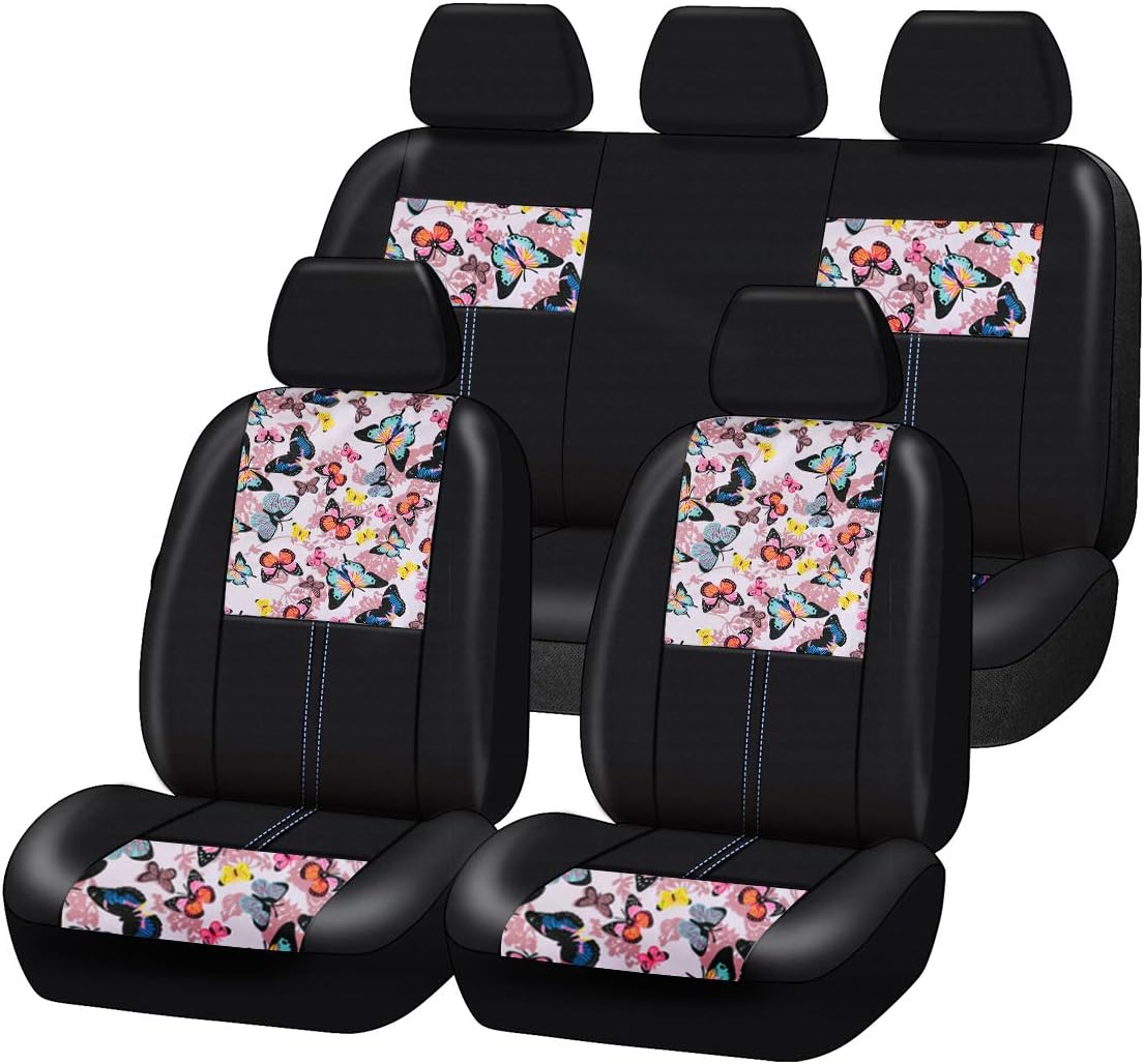 CAR-GRAND Butterfly and Flowers Leather Seat Covers Full Set, Pink Car Seat Covers with Zipper Design,Airbag Compatible,Universal Fit Sedans SUV,Cars,Vehicles (Black with Pink)