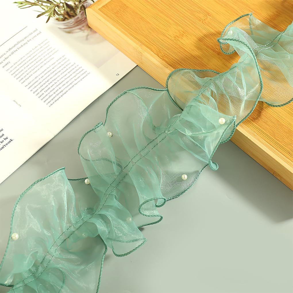 Wambere 20m x 11cm Organza Rüschenband mit Perlen,Spitzen Borten Bänder Spitzenband Spitzenbordüre Spitzenbesatz Spitzenborte Zierband Dekoband für DIY Basteln Nähen Kleidungsdekoration,Grün