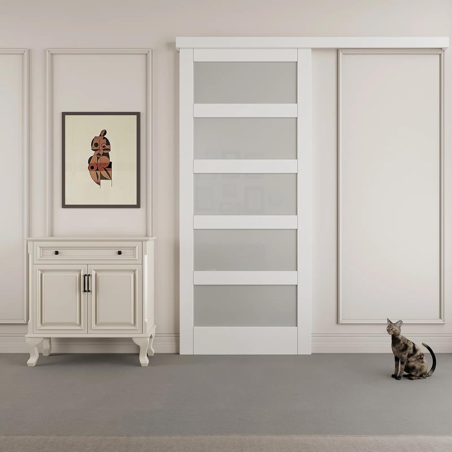 80"/96" H Hidden Style Track White Primed 5-Lite Frosted Glass Sliding Barn Door with Hardware Kit(No Assembly Required)，36'' x 80''