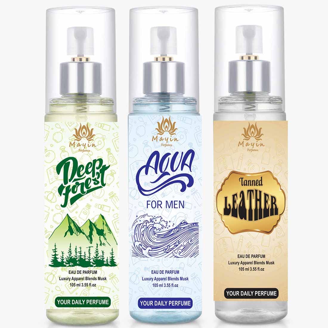 Mayin Deep Forest, Tanned Leather And Aqua Eau De Parfum For Men (105ml Each) Pack Of 3